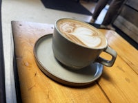 a cup of coffee on a wooden table